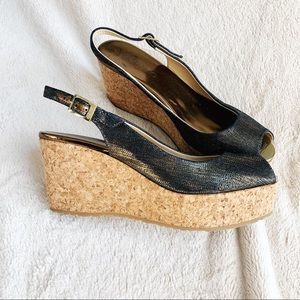 Jimmy Choo Slingback Wedge, Navy and Gold